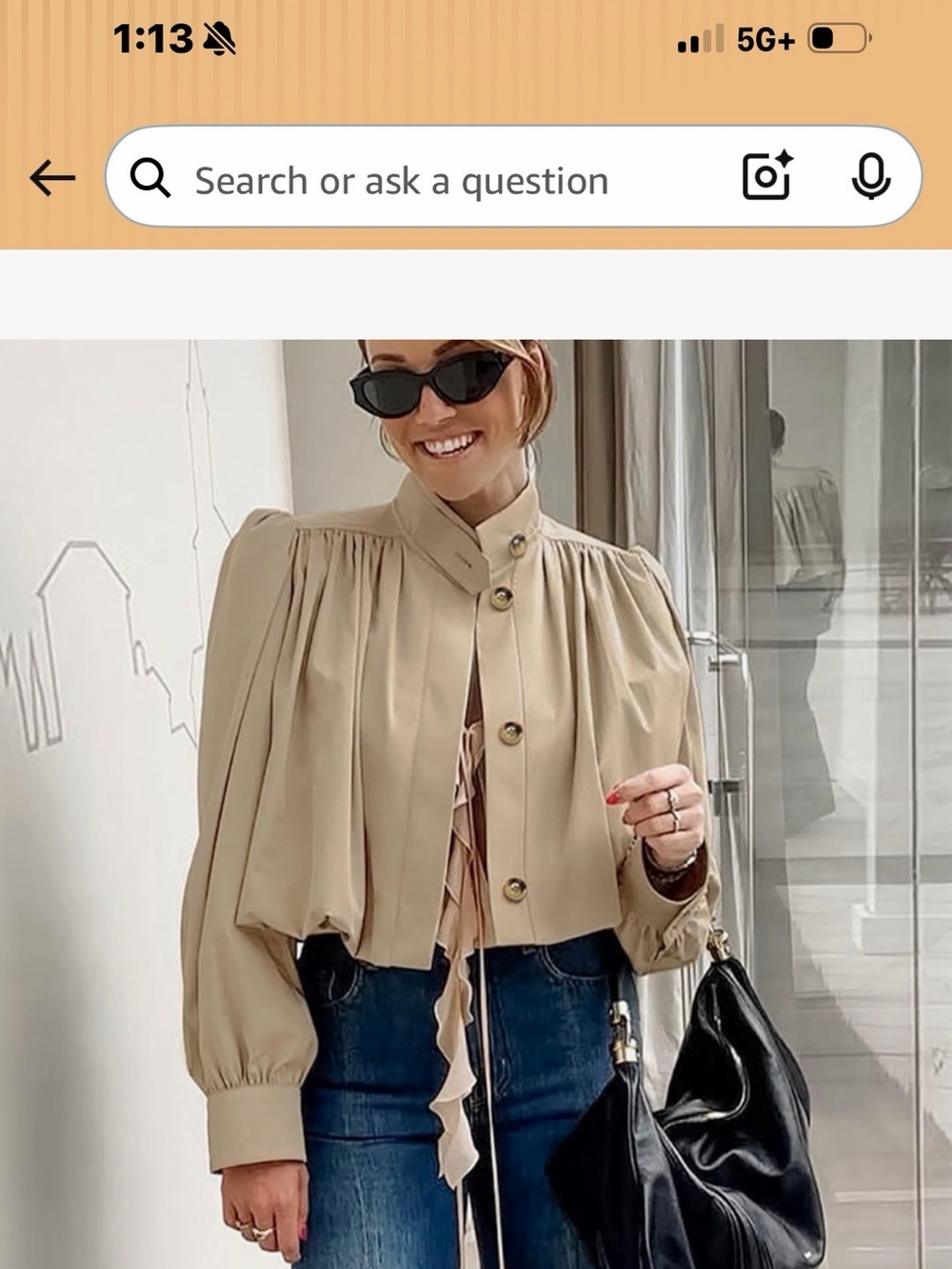 Womens Beige Button-Front Puff Sleeve Top
